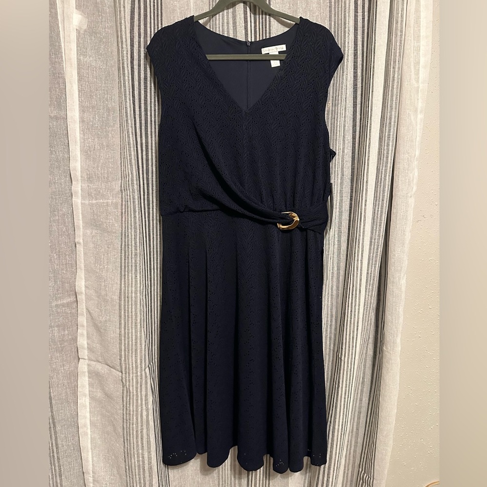London Times Navy Dress with Attached Gold Tone Belt